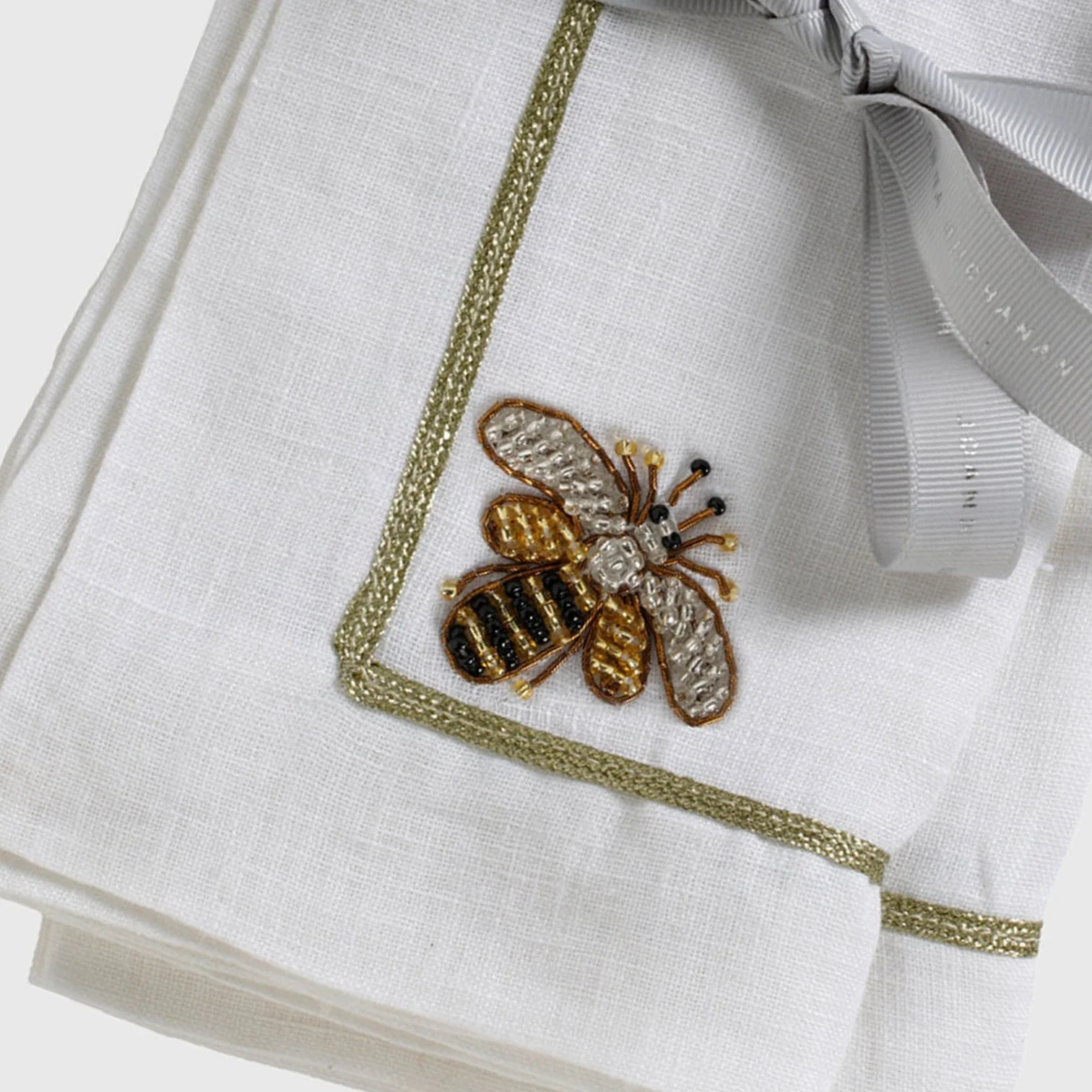 Stripey Bee Linen Dinner Napkins, White, Set of 2