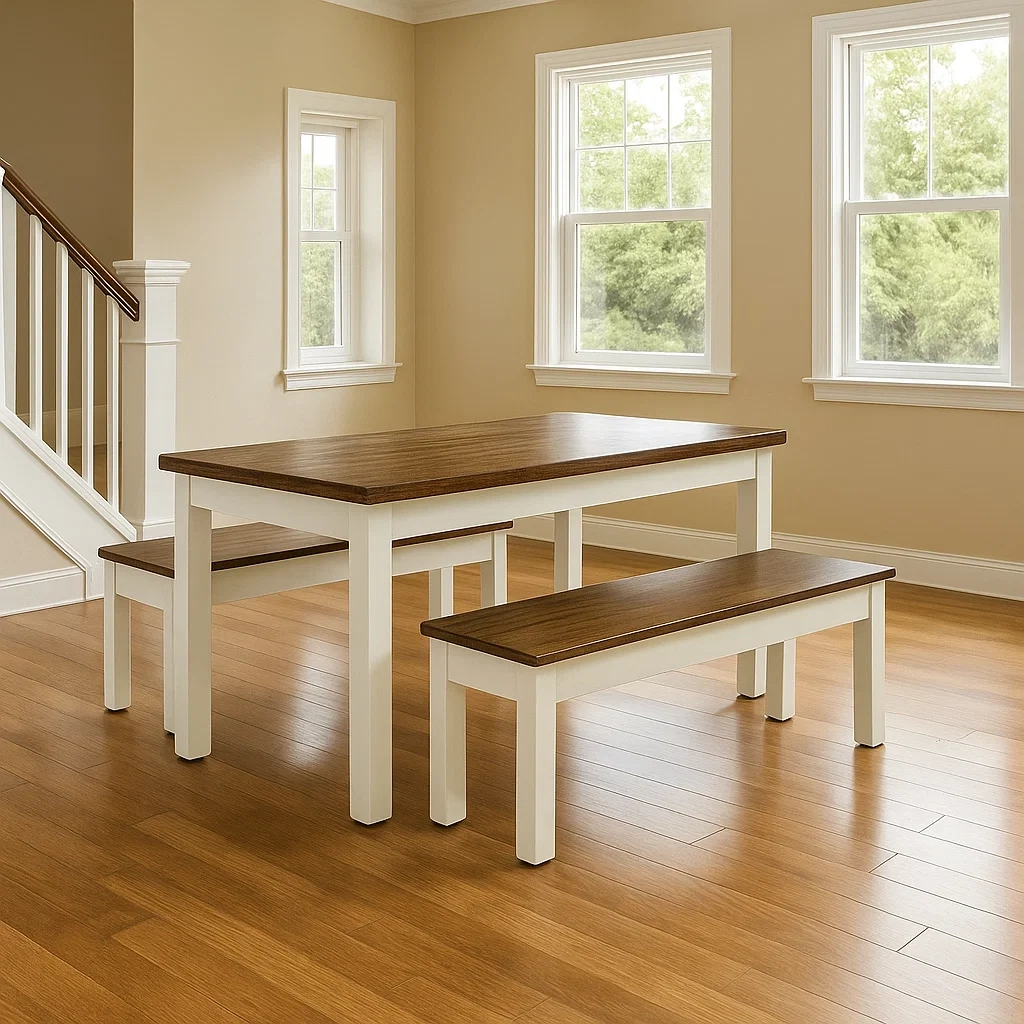 Spisebord- og stolest, inklusive et spisebord og to spisebnke, brunt tr, egnet til spisestue