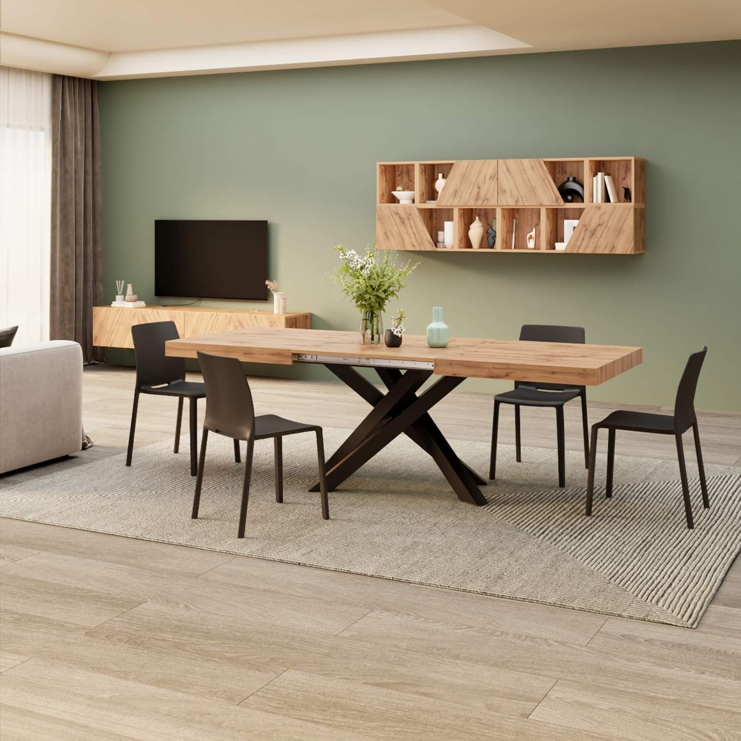 Mobili Fiver, Tavolo Allungabile Emma 160(240) x90 cm, Rovere Rustico con Gambe Incrociate Nere, per 6-10 persone, Tavolo Cucina, Soggiorno, Made in Italy