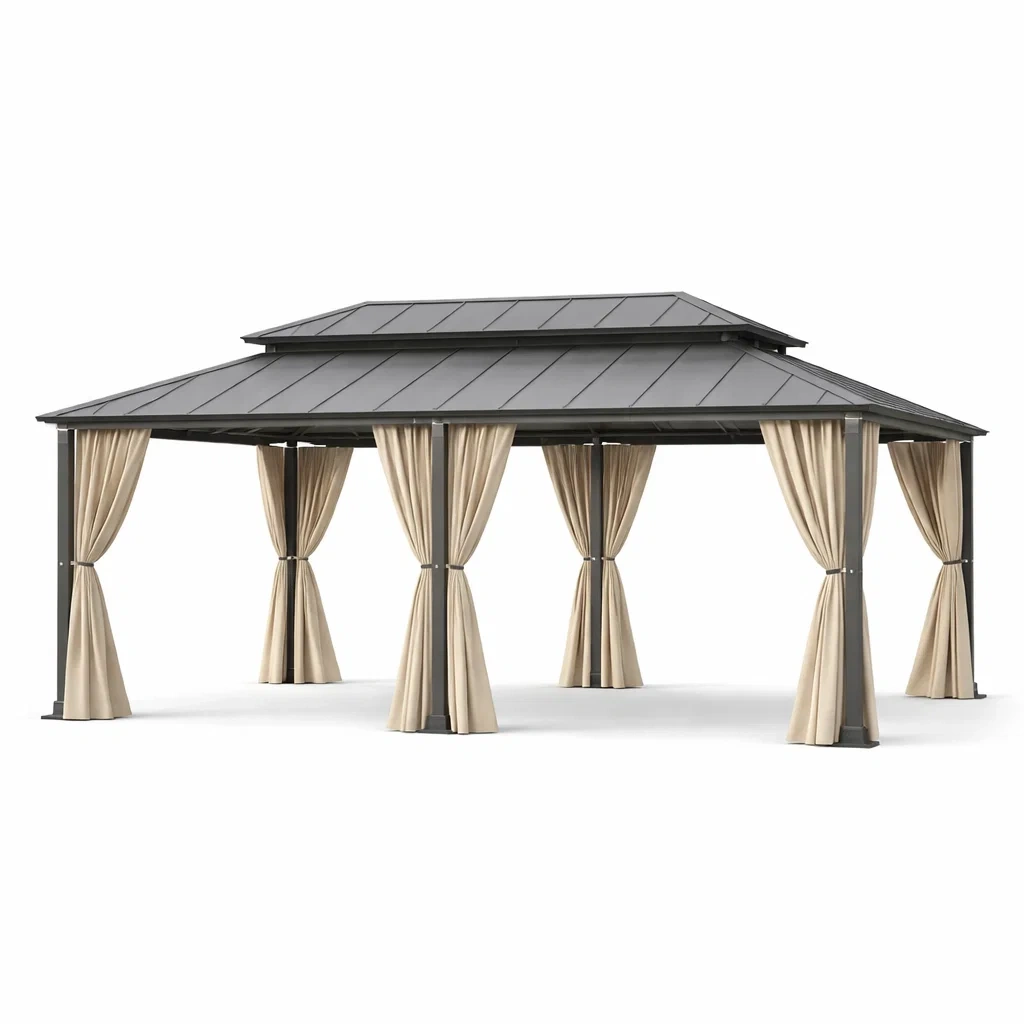 Gazebo in alluminio e policarbonato con tetto a doppio strato beige nero