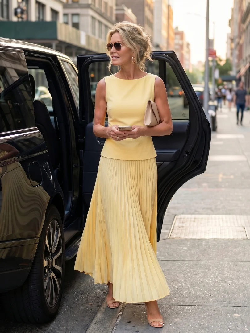 Women��s Two-Piece Set Structured Bodice with Pleated Full-Length Skirt
