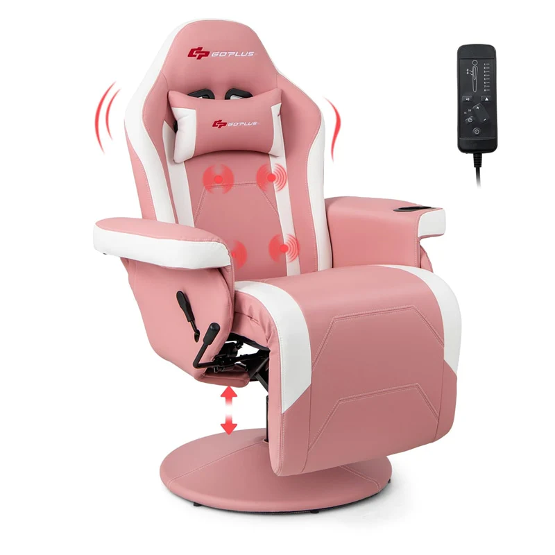 Ergonomic Gaming Recliner Chair with Massage, Retractable Footrest & Cup Holder, Height Adjustable Racing Style Swivel Video Game Chair