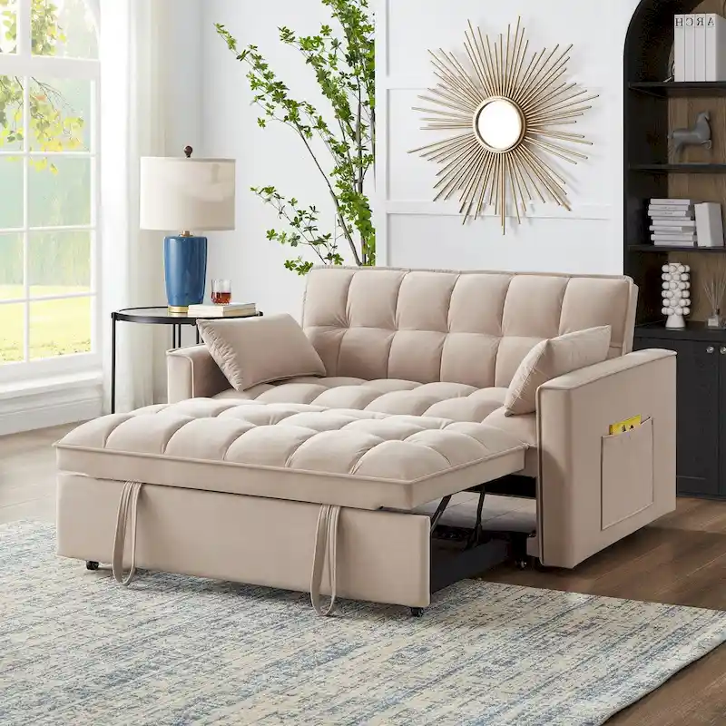 4-in-1 Pull-Out Sleeper Sofa Bed - Loveseat in Velvet -Convertible Couch Bed with Reclining Backrest,2 Side Pockets
