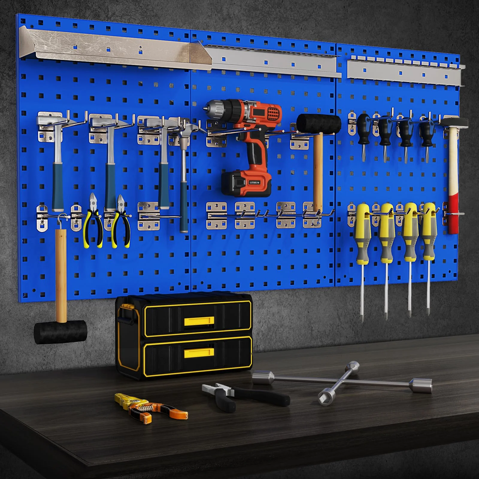 3 Pcs Metal Pegboard Panels w/25 Hooks, Storage Platform & Square Hole, Heavy Duty Pegboard Wall Organizer, Peg Board for Workshop Tool Storage