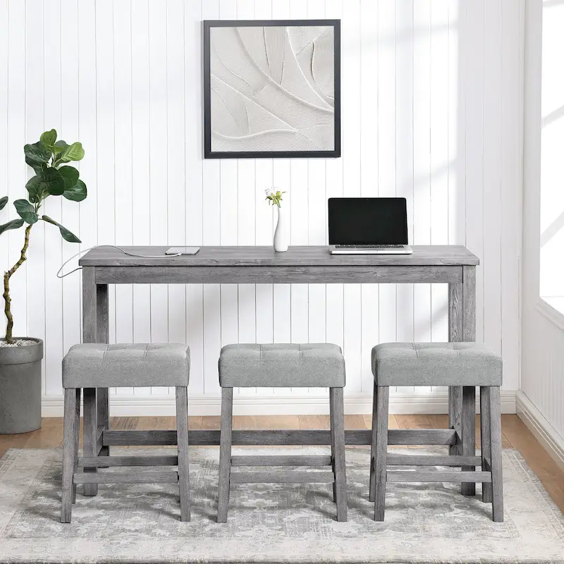 Bar Dining Table Set and 3 Bar Stools with Power Outlet Kitchen Breakfast Nook Wooden Dining Table Chairs Sets