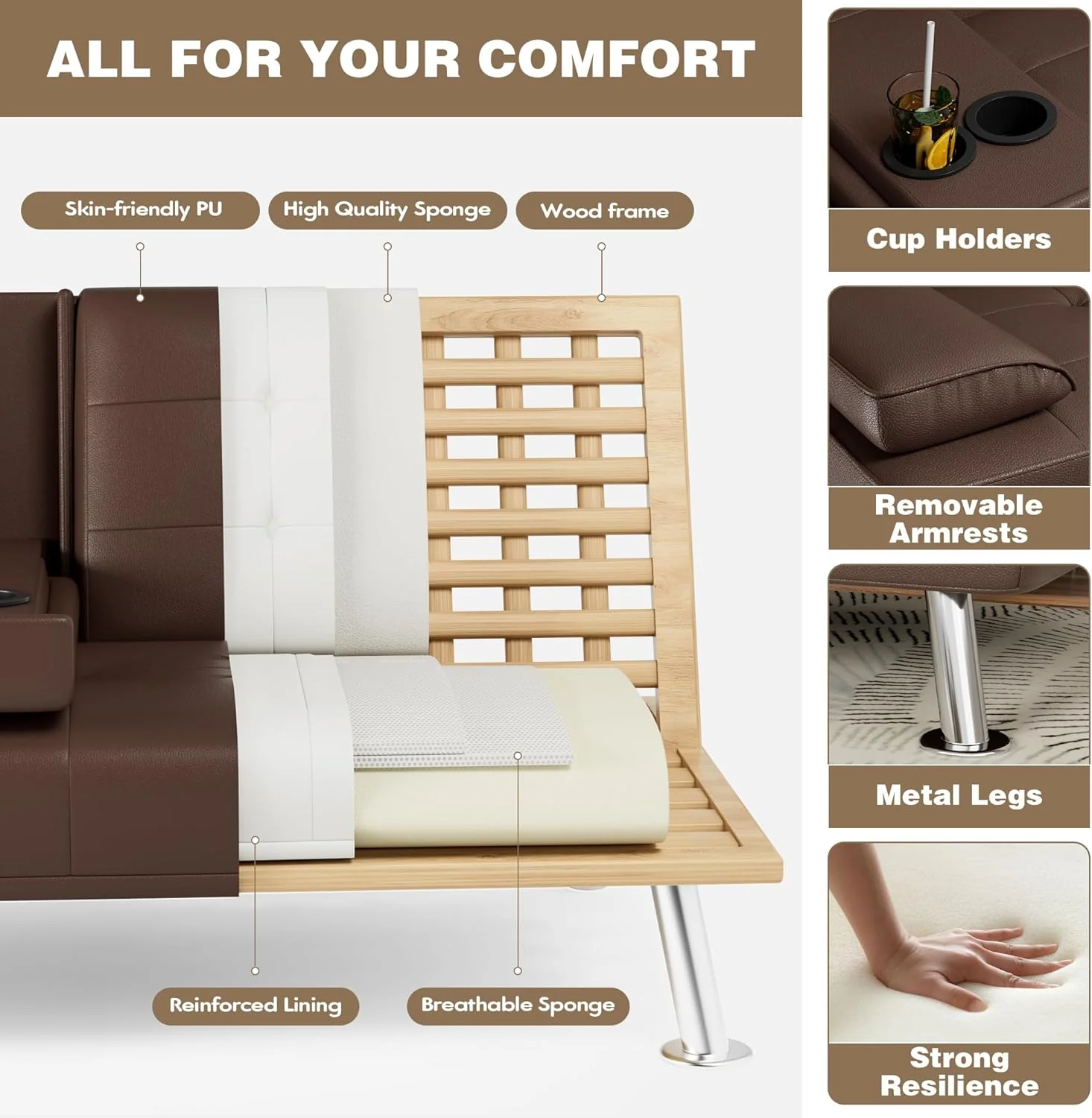 Homall Futon Sofa Bed Leather Futon Couch Removable Armrests Adjustable Recliner Sofa Bed