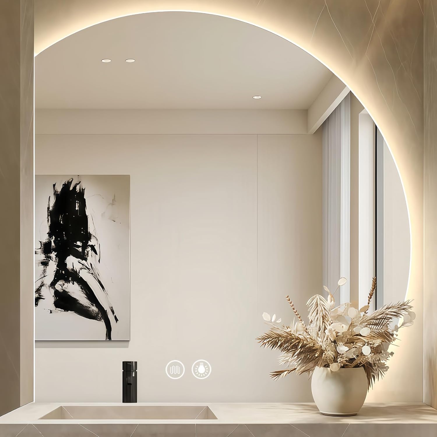 Specchio Bagno con Luce 100×100CM Specchio-Bagno-LED con 3 Colori Luce, Dimmerabile, Antifog, IP54 Vetro Temperato HD Specchio Retroilluminato Bagno Semicircolare , Funzione Memoria (A, 100×100CM)