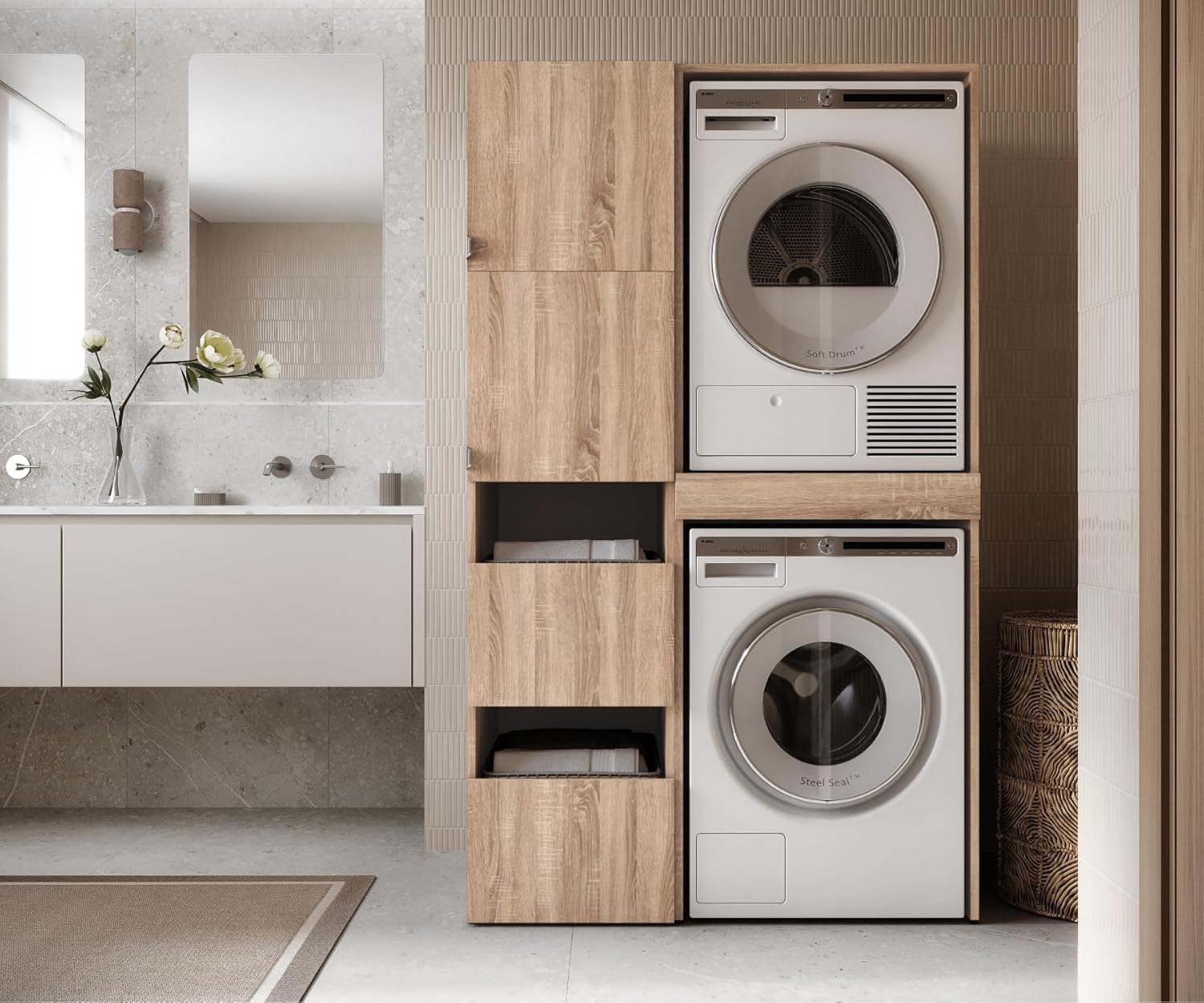 PLATAN ROOM Waschmaschine Trockner Schrank mit Ausziehbrett • Waschmaschinenschrank für Waschmaschine & Wäschetrockner • Überbauschrank 187 x 65 x 66 cm (Eiche Sonoma)