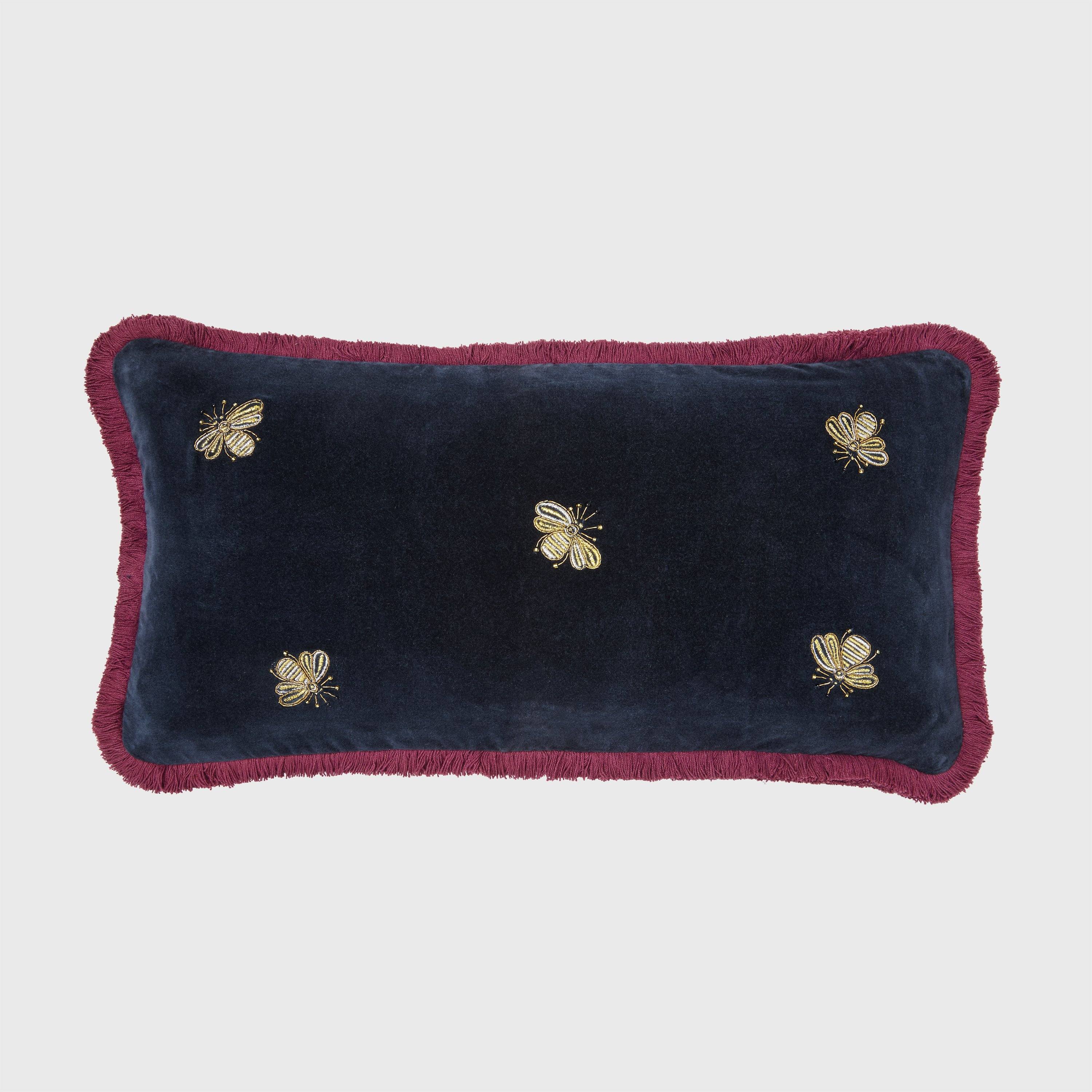 Embroidered Bee Fringe Pillow, Navy Velvet