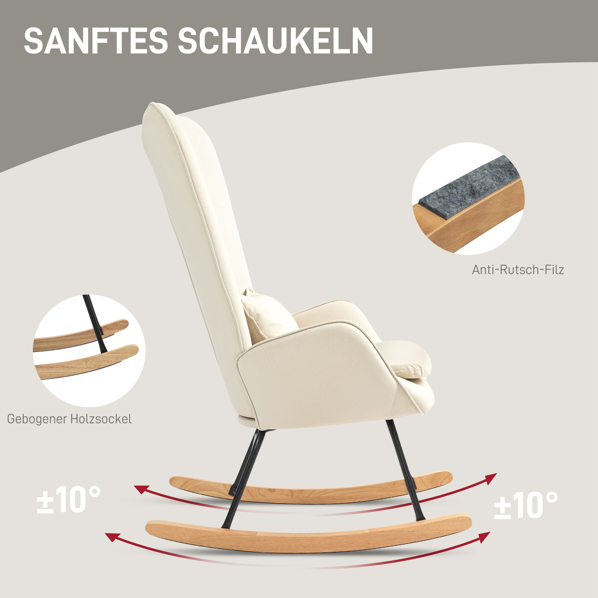HOMCOM Schommelstoel in Samt-uitstraling met Lendenkussen, tot 120 kg, 67 x 85 x 112 cm, Crèmewit