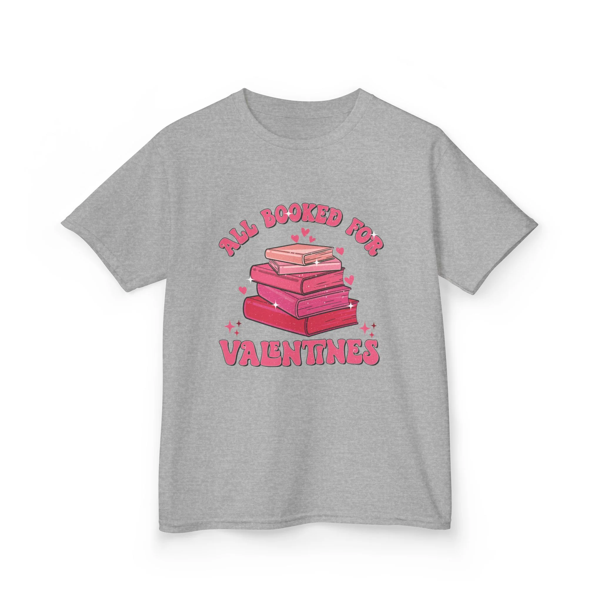 All Booked Up Valentines Kids Tee | Stack of Books, Pink Hearts