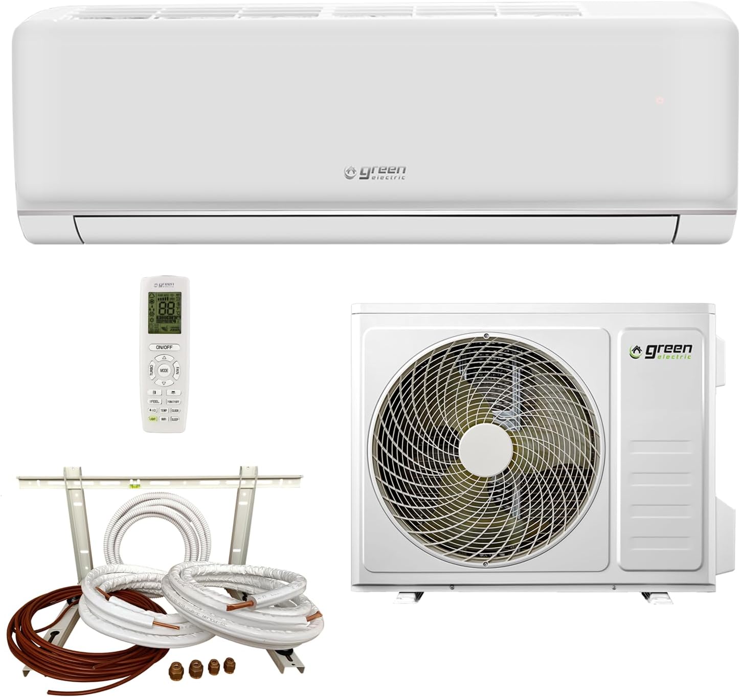 Plus Klimaanlage Monosplit Green Electric Plus 12000 BTU mit WiFi – Energieeffizienz A++/A+ – 3,5 kW – R32 – Inklusive 10 Meter Installationsset, Innengerät und Außengerät