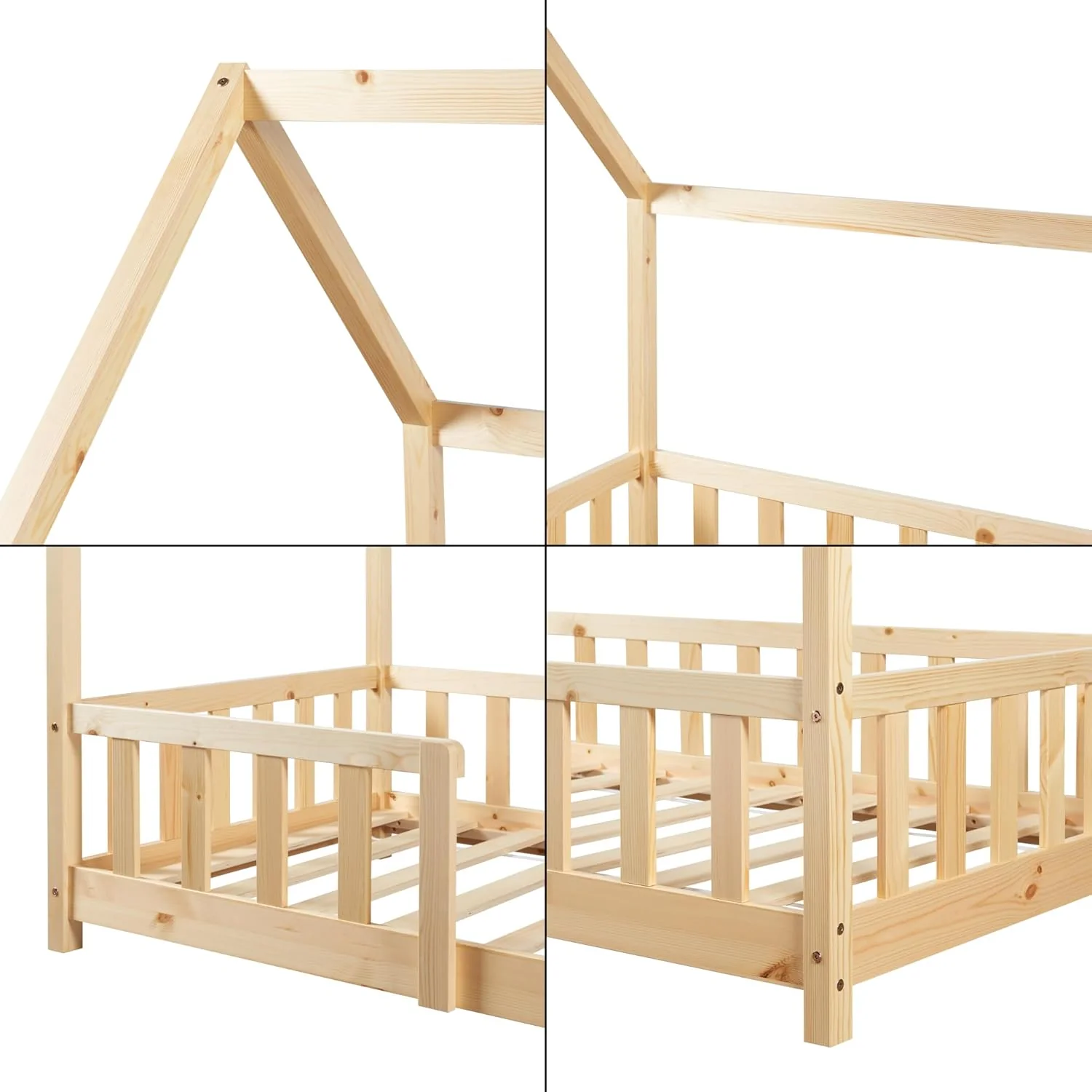 [en.casa] Letto per bambini Sisimiut a capanna 80 x 160 cm con protezione anticaduta letto in legno per bambini letto a terra rete a doghe in legno di pino Bianco opaco