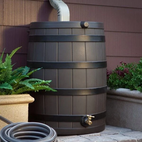 40 Gallon Rain Barrel with Darkened Ribs Oak