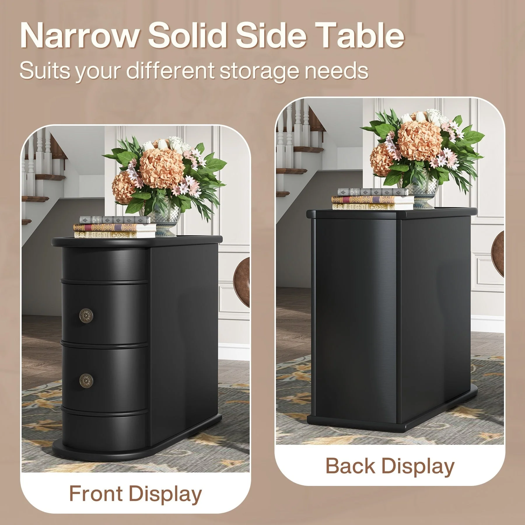 Solid Wood Chairside End Table, Two-Drawer Narrow Side Table Slim