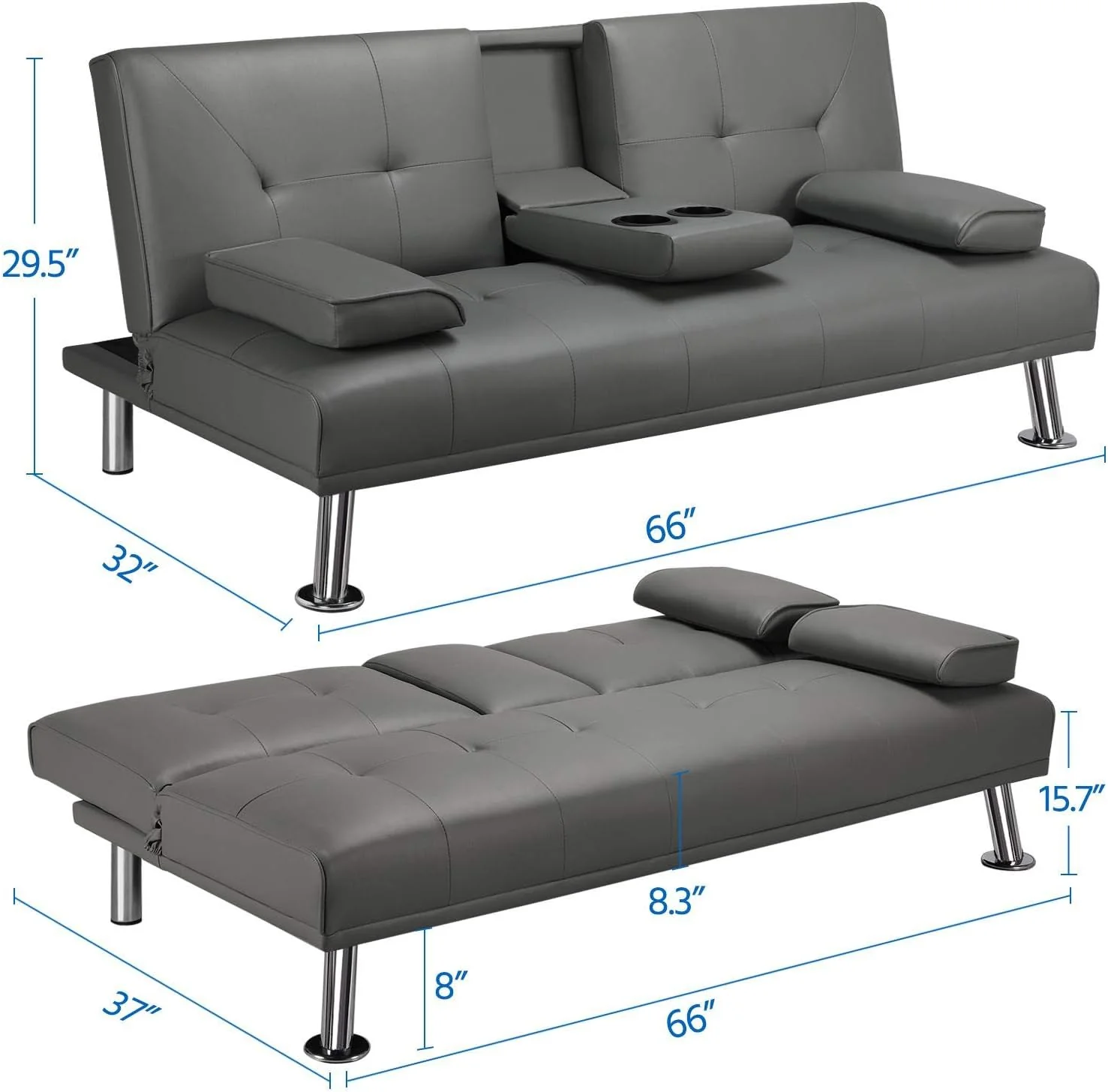 Yaheetech Convertible Sofa Bed Adjustable Couch Sleeper Modern Faux Leather Home Recliner Reversible Loveseat Folding Daybed Guest Bed, Removable Armrests, Cup Holders, 3 Angles, 772lb Capacity, Black