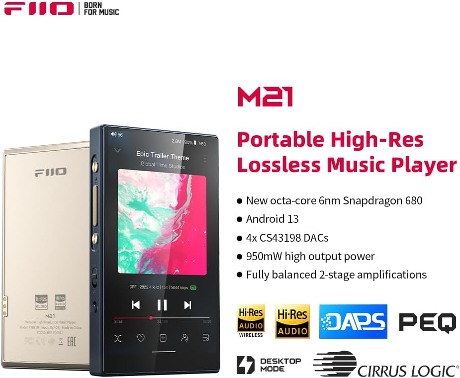 FiiO M21 Android 13 Hi-Res Music Player, Snapdragon 680, Blue-Black