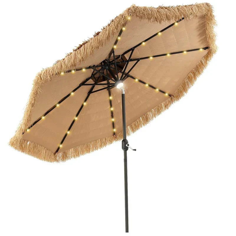 9FT Nádfedeles Tiki Kerti Napernyő 33 Napelemes LED Fénnyel, Hawaii Stílusú Kétszintes Hula Strandi Napernyő Dönthető & Tekerhető Mechanizmussal Medencéhez, Háztartási Udvarra, Kertbe