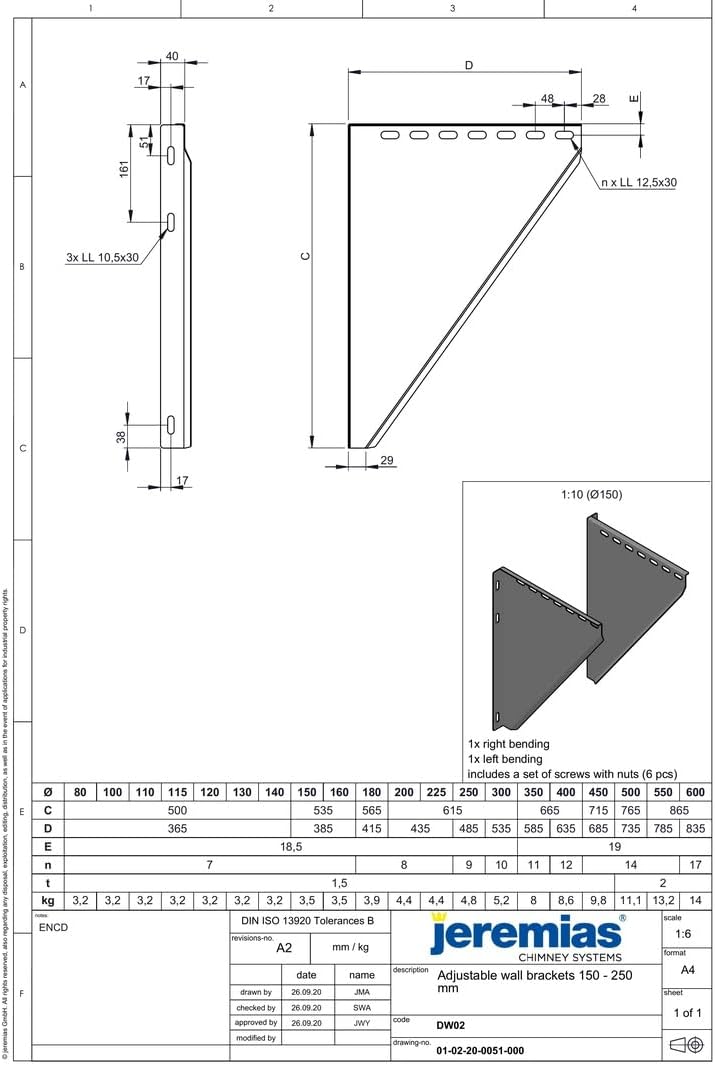 Jeremias DW-ECO 2.0 Edelstahl Abgassystem 300mm mit verstellbaren Konsolblechen 150-250mm CE-zertifiziert doppelwandig ideal für Öl Gas Festbrennstoffe
