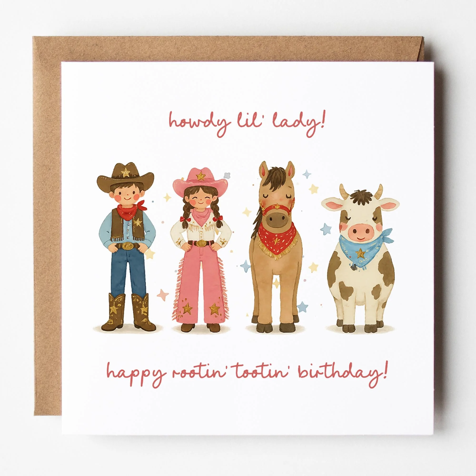 Cowboy Birthday Card for Him: Howdy Partner, Rootin Tootin Birthday and Kraft Envelope