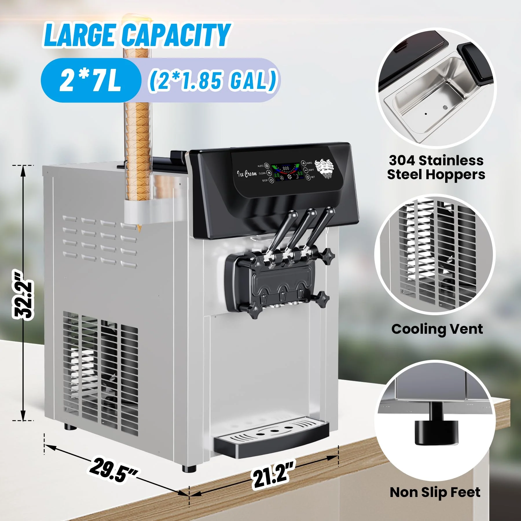 Garvee 2200W Commercial Ice Cream Machine, 3 Flavor Soft Serve Ice Cream Machine, 5.3-7.4 Gal/Hr, with LCD Touch Screen, Automatic Cleaning, High Productivity for Home Snack Bar & Restaurants