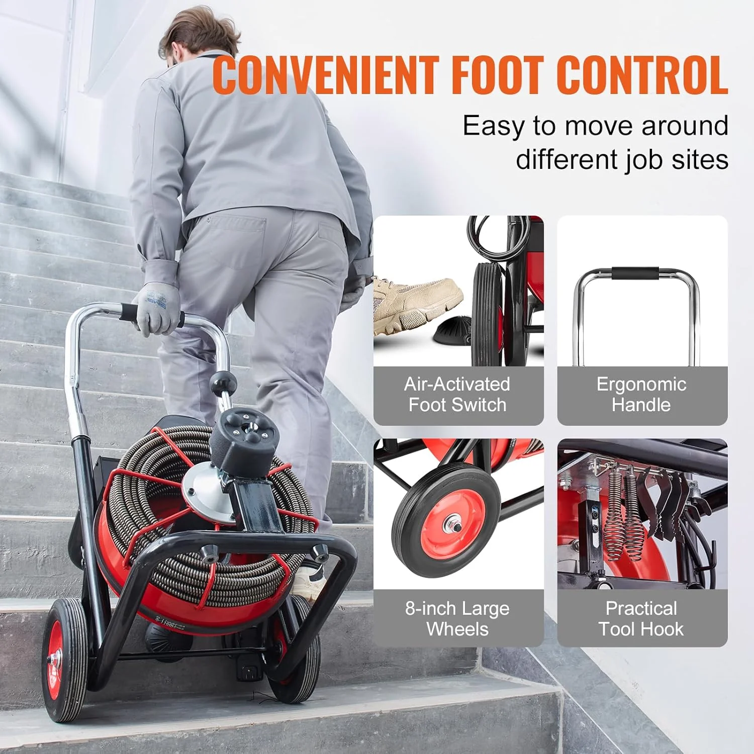 Drain Cleaner Machine 100FT x 1/2 Inch, Auto Feed Sewer Snake Auger on Wheels, 550W Portable Drain Cleaning Machine with 8 Cutters & Air-activated Foot Switch for 2