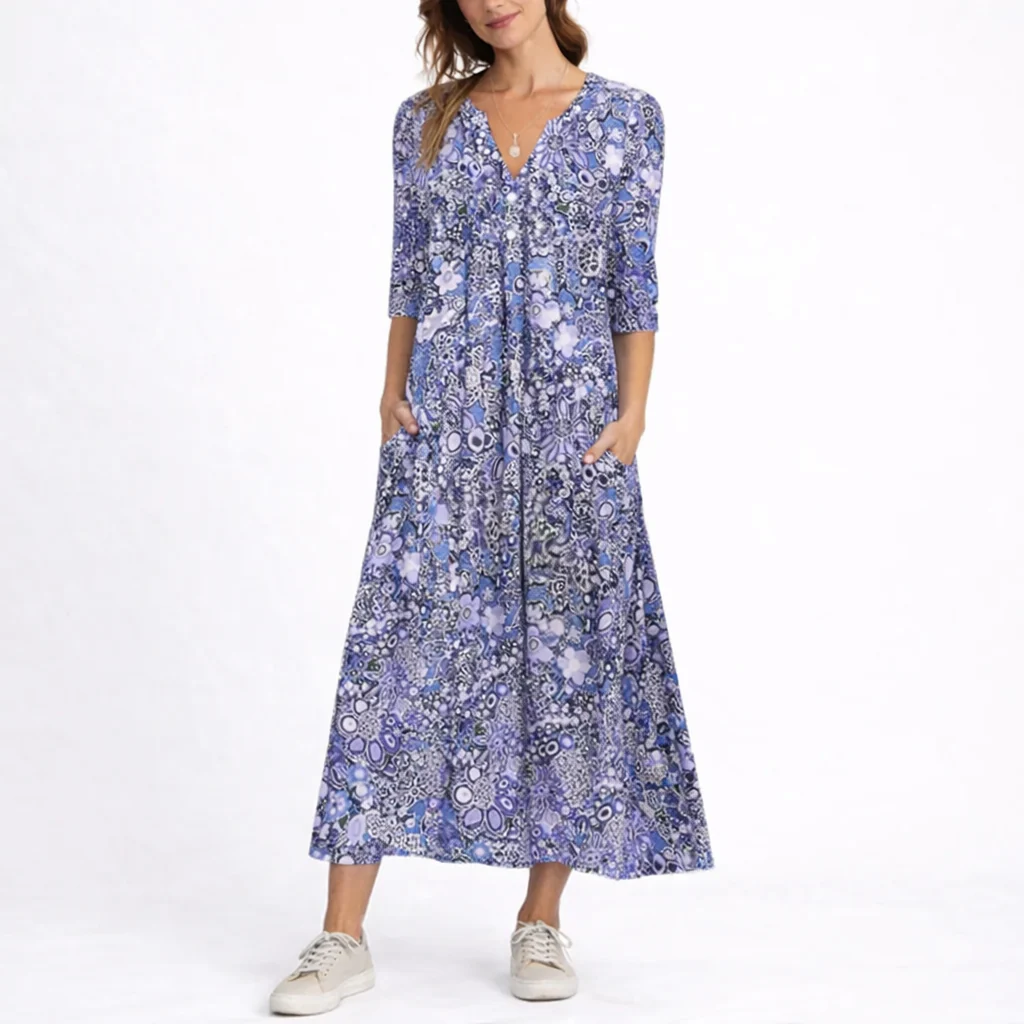 Womena??s Floral Summer Dress Lightweight Midi with Pockets