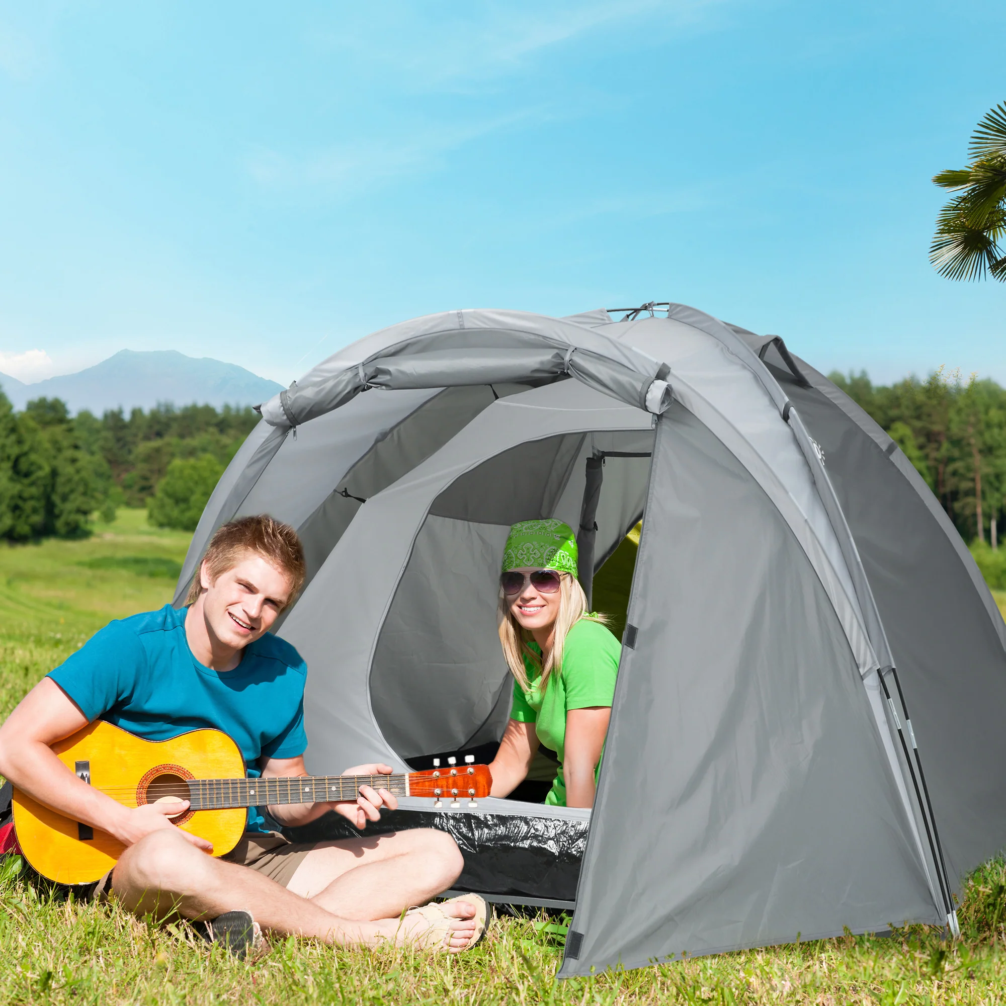 Outsunny Campingzelt Kuppelzelt 2-3 Personen erweiterbar 4 Türen