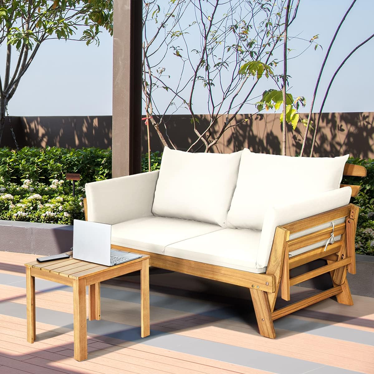 COSTWAY Gartenbank mit Liegefunktion, Gartensofa mit Auflagen und klappbaren Armlehne, Balkonbank aus Akazienholz, Balkonsofa, Gartencouch für Garten, Terrasse, Balkon, 198 x 75 x 75 cm (Beige)