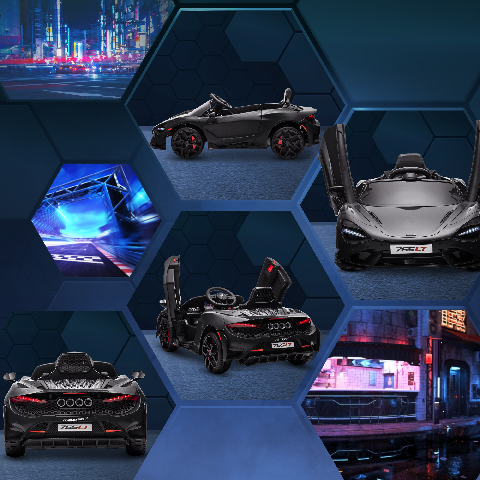 AIYAPLAY Kinder Elektrische Auto met Vleugeldeuren, Afstandsbestuurbaar, Zachte Start en LED-verlichting, Zwart