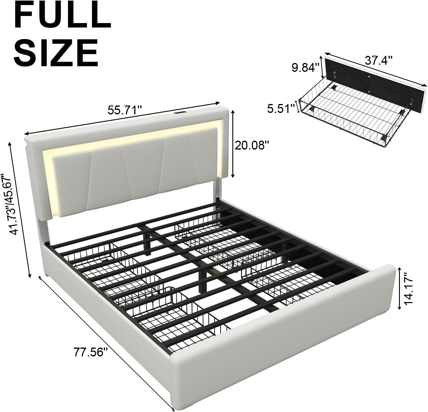 Full Size Bed Frame with 4 Storage Drawers and LED Lights, Upholstered Platform Bed with Adjustable Headboard and Charging Station, Metal Slats Support, No Box Spring Needed,Easy Assembly, White