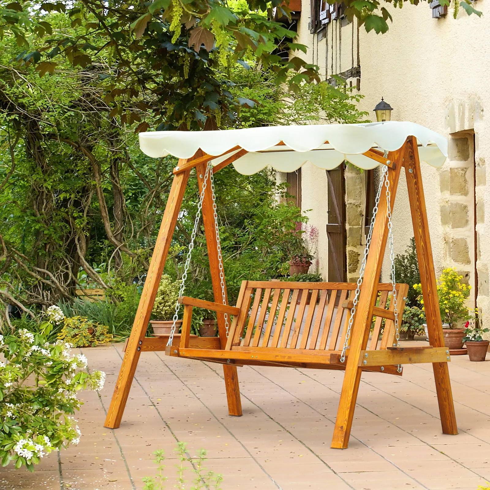 Outsunny Hollywoodschaukel Gartenschaukel 2-Sitzer mit Sonnendach Lärche