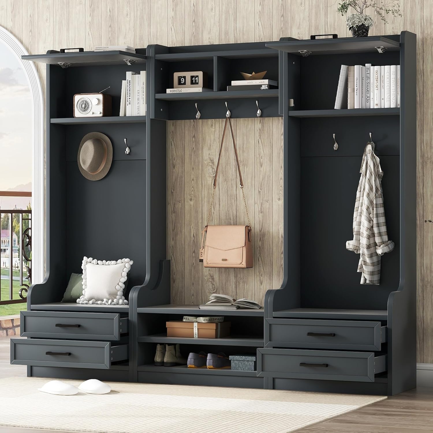 LUMISOL Wide Entryway Hall Tree with Storage Bench, Detachable Entryway Organizer with Storage Drawers and Cabinet, 4-in-1 Mudroom Coat Rack with 7 Hooks, for Living Room Hallway, Antique Blue