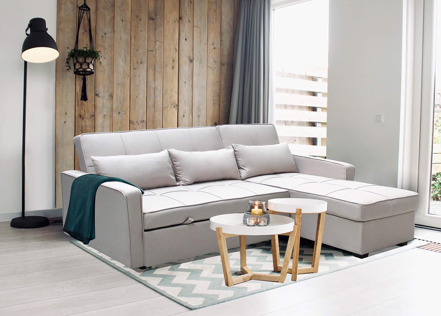 milani home Divano Letto con penisola per Salotto Soggiorno in Tessuto Tortora Moderno