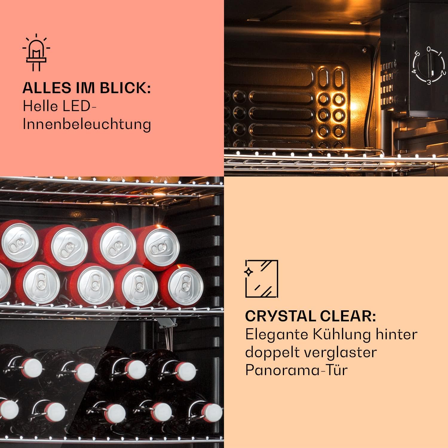 Klarstein Mini Koelkast met Glazen Deur voor Kamer, Drankenkoelkast met Verstelbare Planken, Klein 80 Liter, Indoor/Outdoor Koelkast Stil