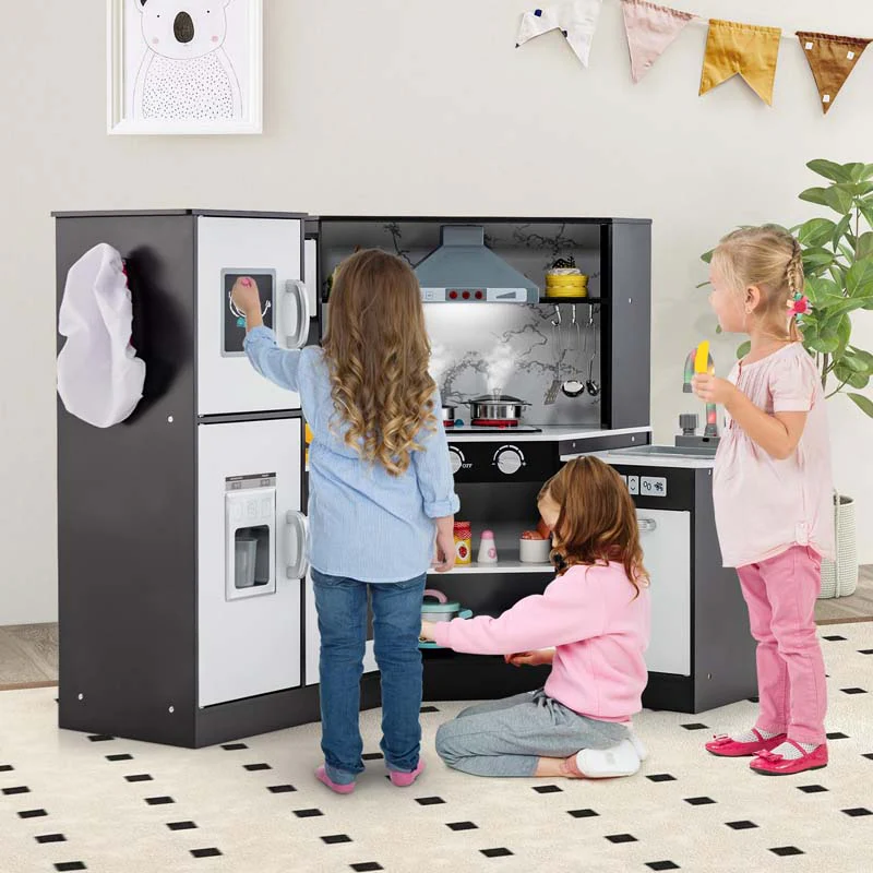 Corner Wooden Kids Kitchen Playset, Little Chef Pretend Toy Kitchen Set w/ Microwave, Range Hood, Washing Basin, Lights & Sounds for Toddlers