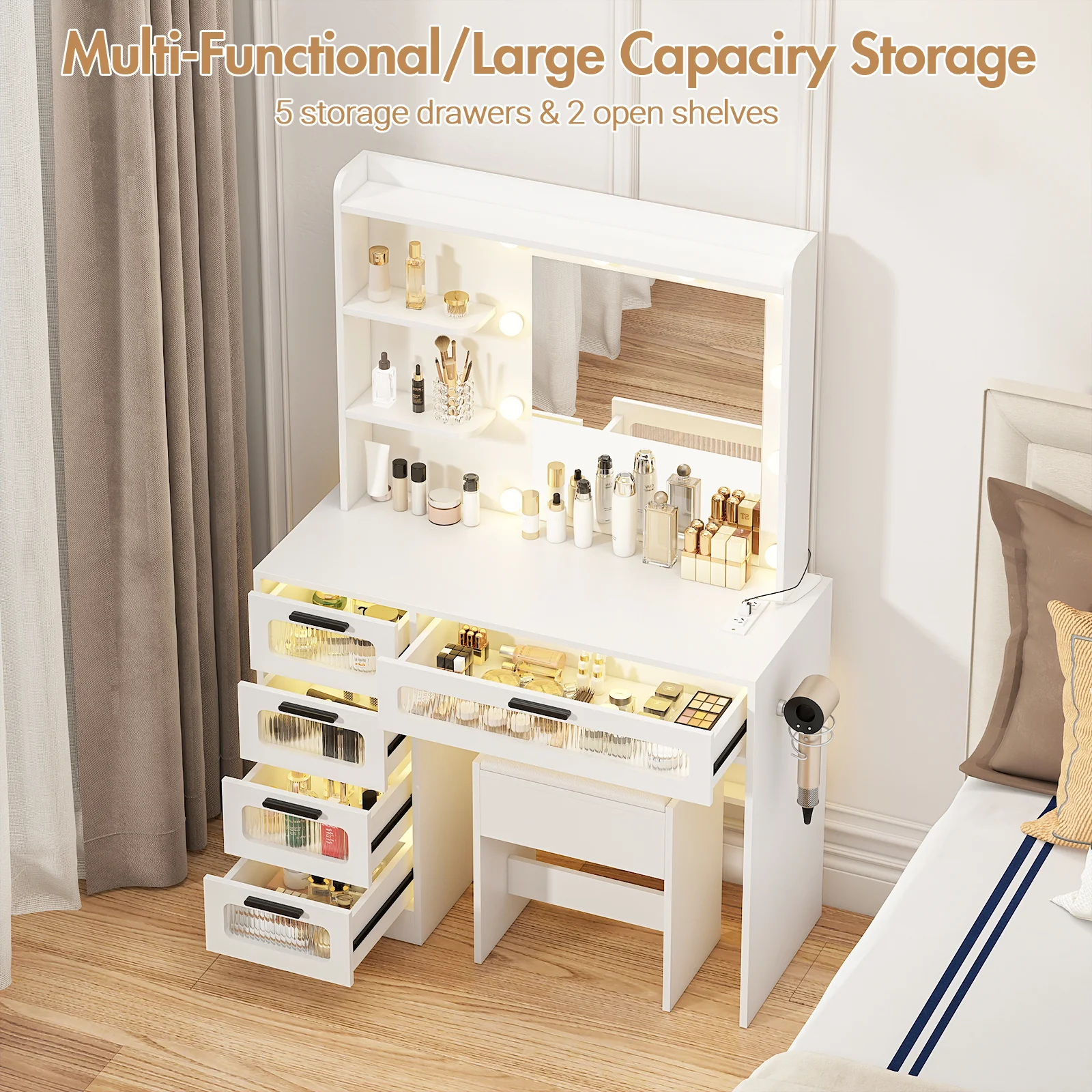 Dressing Table Stool Set with Glass Drawer