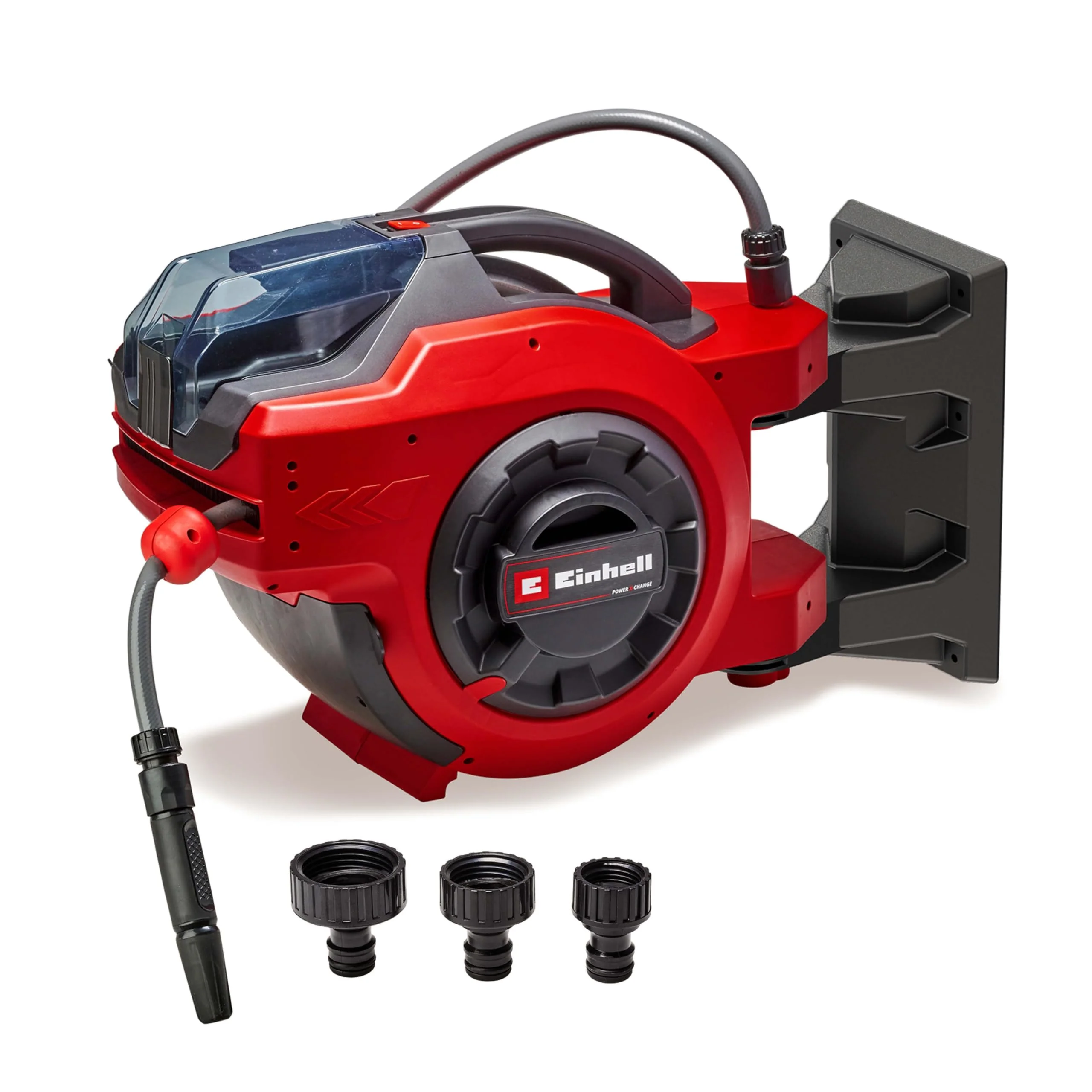 Avvolgitubo a batteria Einhell GE-HR 18/30 Li-Solo Power X-Change (18 V, riavvolgimento automatico del tubo, orientabile fino a 180°, supporto a parete, tubo da giardino da 30 m e pistola a spruzzo, senza batteria)