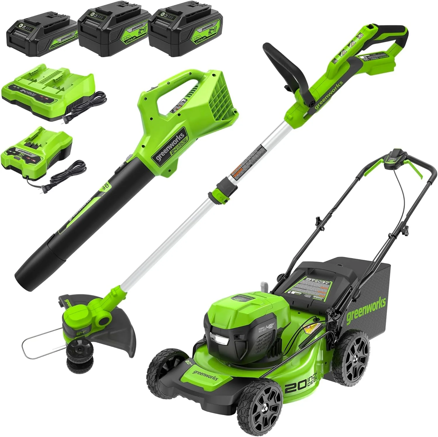 Greenworks 48 V (2 x 24 V) 51 cm-es akkumulátoros fűnyíró, 30 cm-es szegélynyíró és 544 m³/h-s lombfúvó kombó készlet, 2 db 4,0 Ah-s akkumulátorral, 1 db 2,0 Ah-s akkumulátorral és töltőkkel