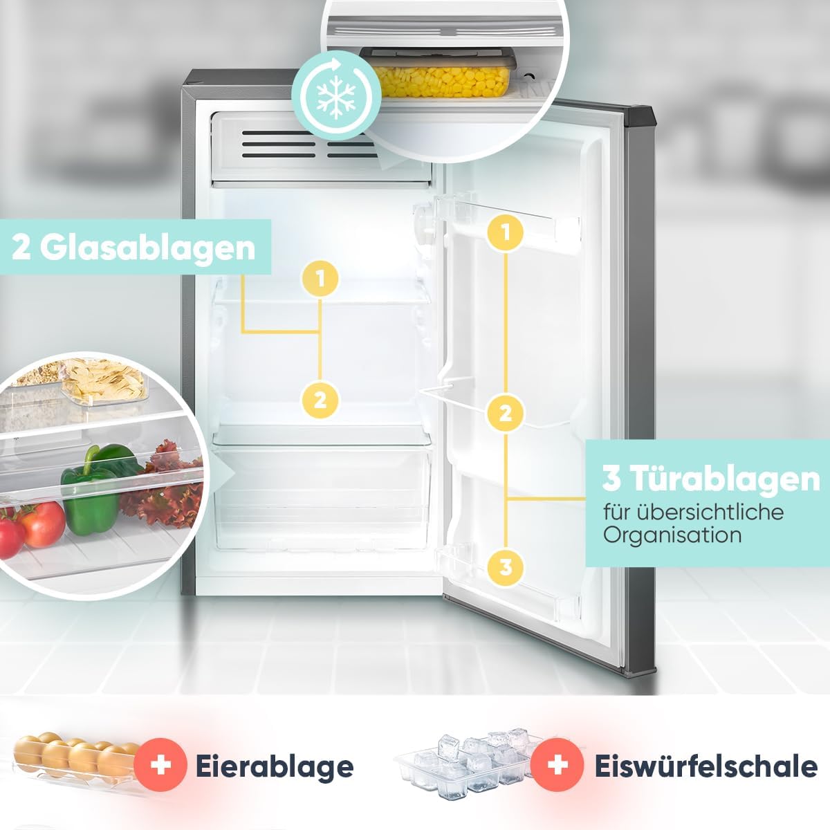 Bomann® Kühlschrank mit Frostfach | 83 Liter | energieeffizient, leise & kompakt | 0°C - 8°C, stufenlos regelbar | 2 Ablagen & Gemüsefach | LED Beleuchtung | Türanschlag wechselbar | KS 7257 inox