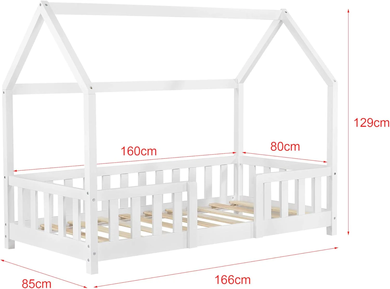 [en.casa] Letto per bambini Sisimiut a capanna 80 x 160 cm con protezione anticaduta letto in legno per bambini letto a terra rete a doghe in legno di pino Bianco opaco