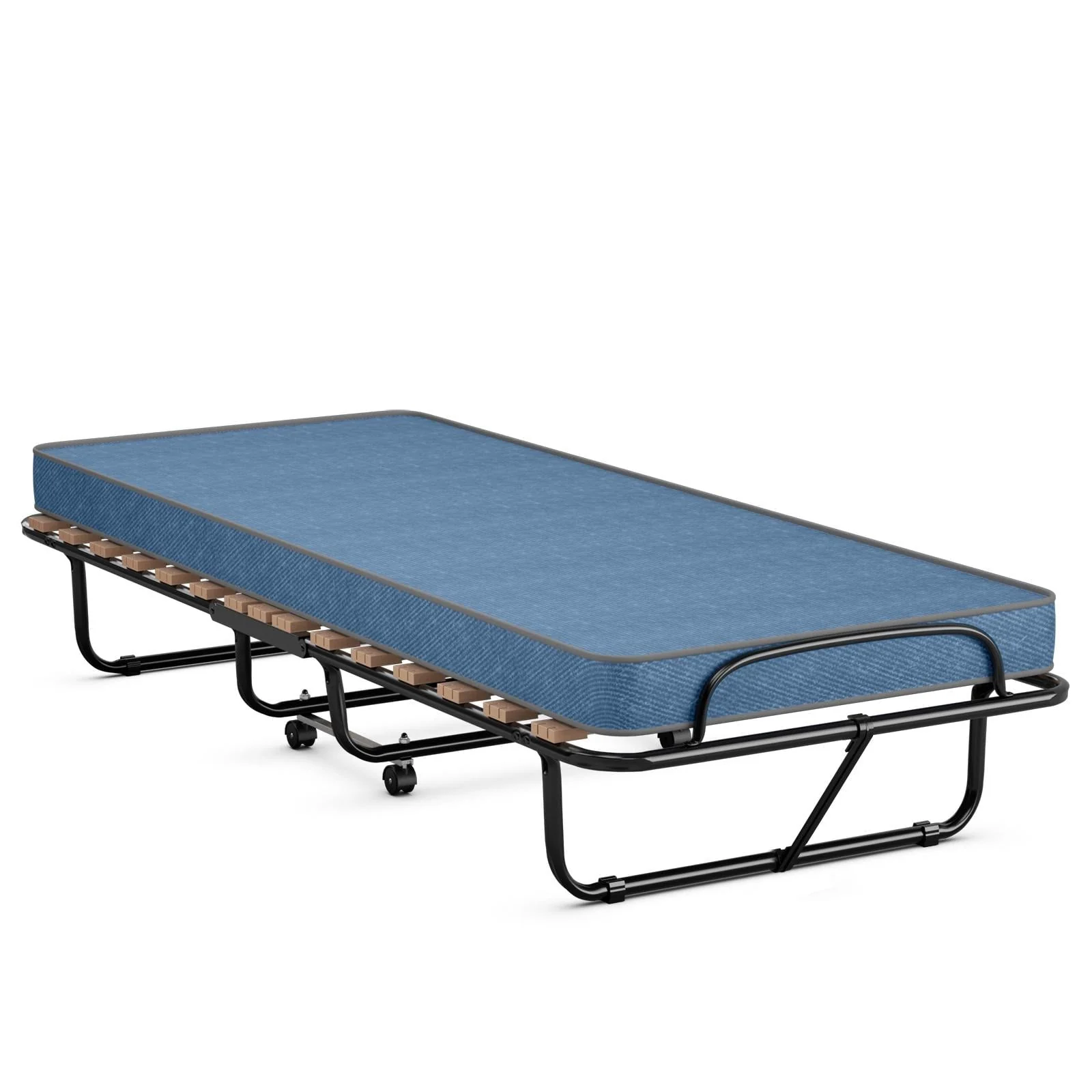 Giantex Rollaway Bed with Memory Foam Mattress, Folding Portable Guest Cot Size w/Sturdy Metal Frame for Home, Garden & Office, Made in Italy (Navy)