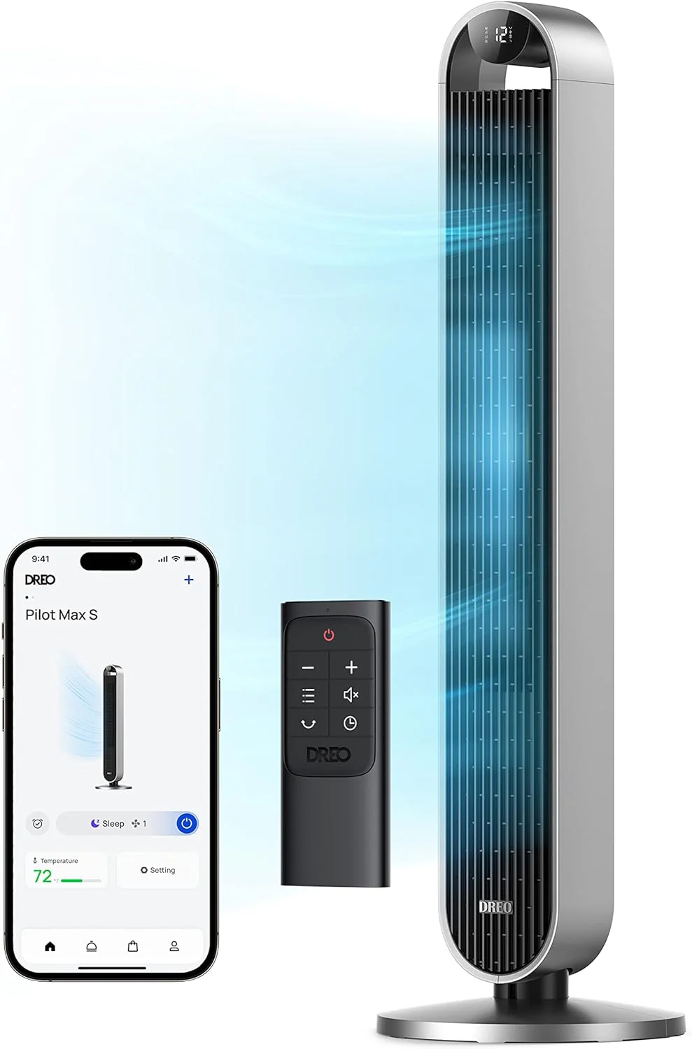 Dreo 25 dB-es csendes, okos toronyventilátor hangvezérléssel, WiFi Alexa ventilátor, APP vezérlés, 120°-ban oszcilláló állóventilátor, 12 sebességfokozat, 4 üzemmód, 12 órás időzítő, Pilot Max S