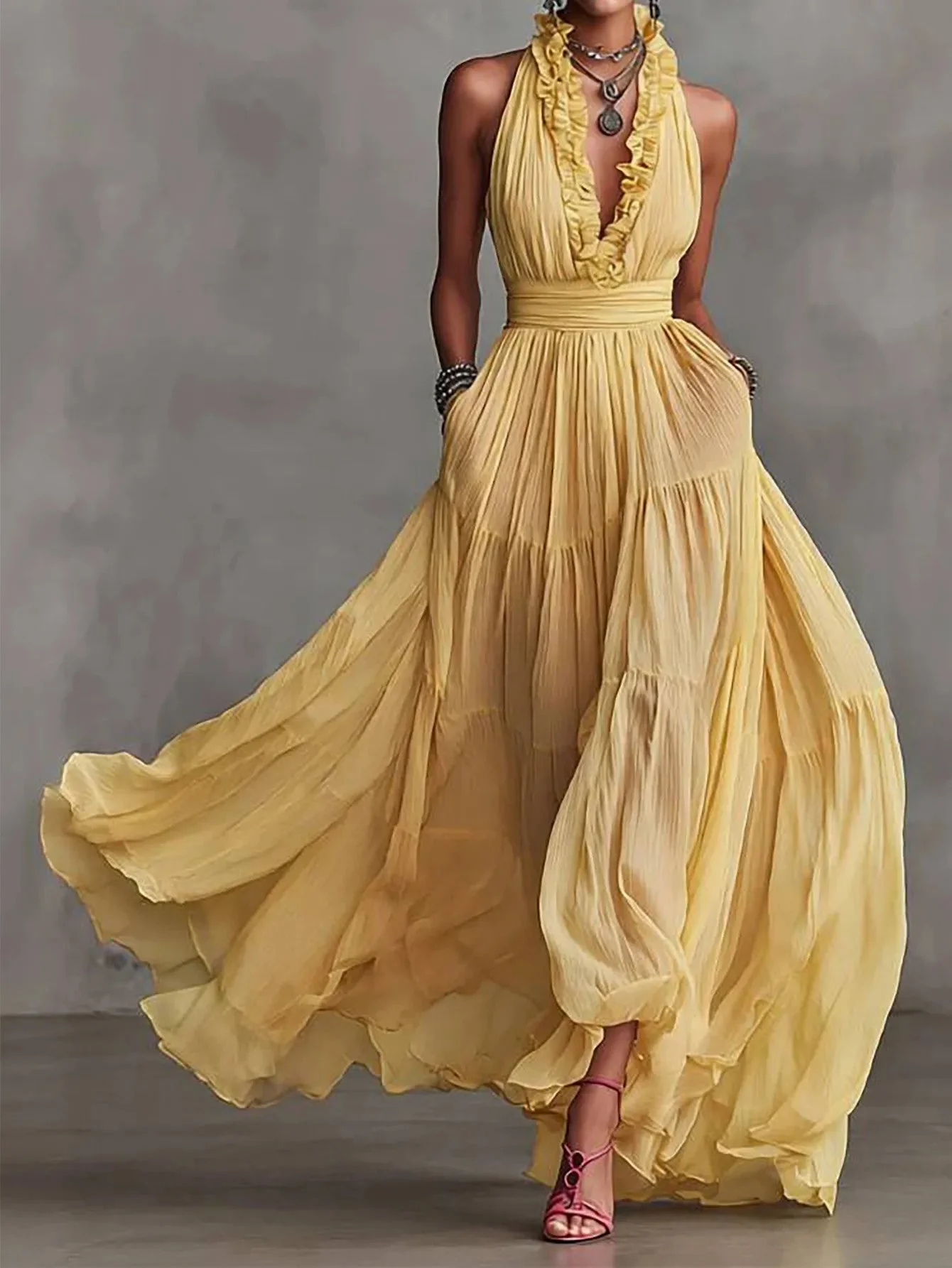 Womena??s Evening Maxi Dress Elegant Pleated Skirt with Ruffle Trim