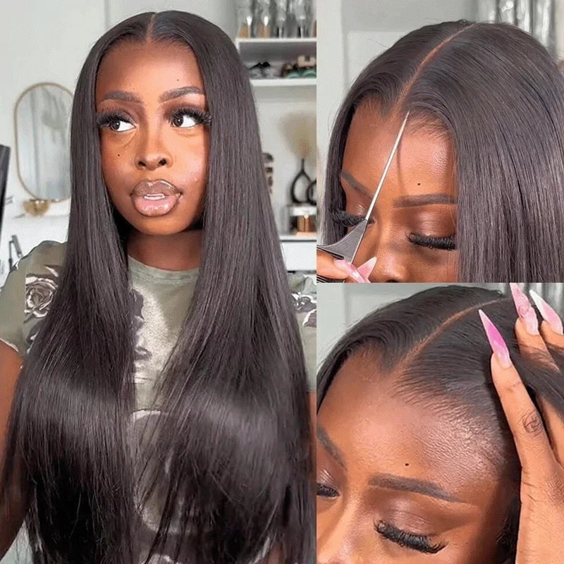 Glueless 13X6 Pre-All Glueless Wig Put On & Go Straight Human Hair Wig Pre-Bleached Tiny Knots Pre-Plucked Natural Hairline