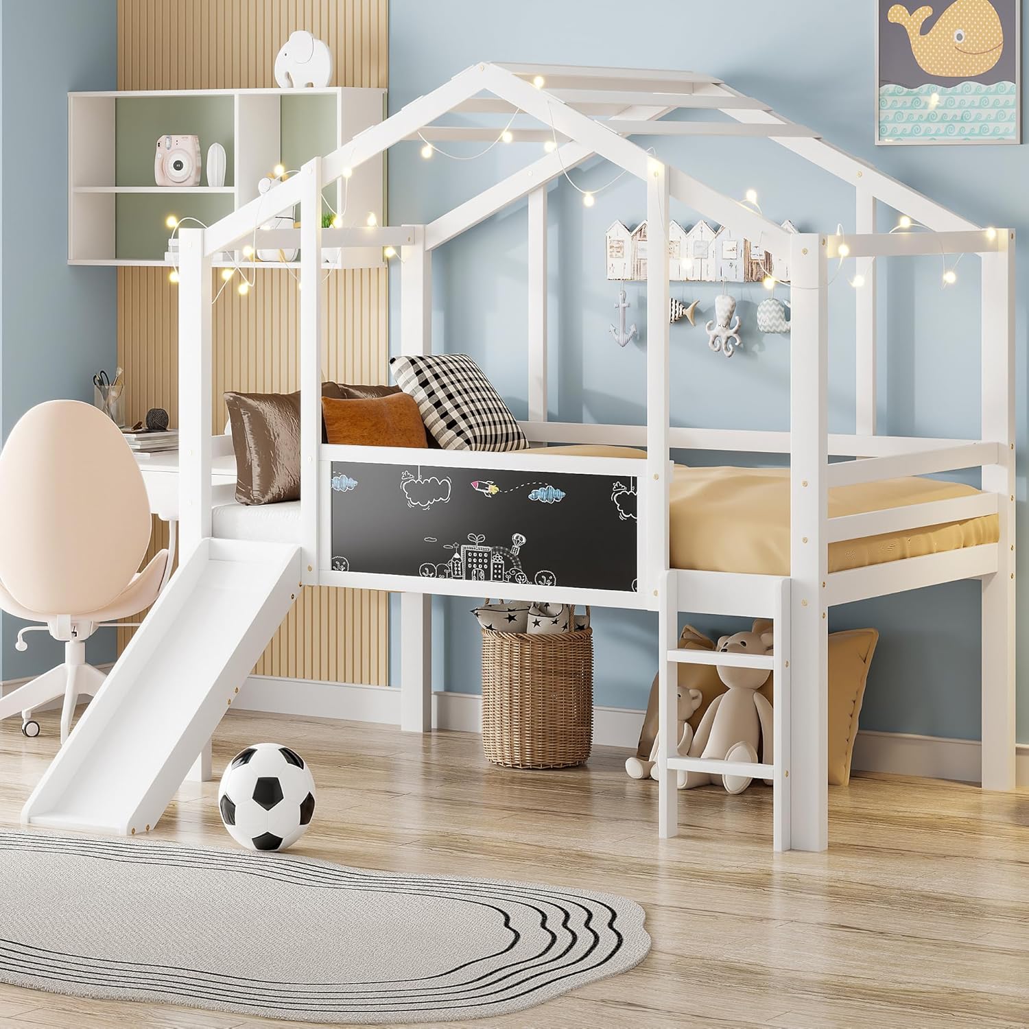 Wiuzo Lettino per bambini, 90 x 200 cm, design sottotetto con scala di sicurezza e scivolo di sicurezza, con lavagna graffiti, letto multiuso, letto singolo a soppalco (bianco)