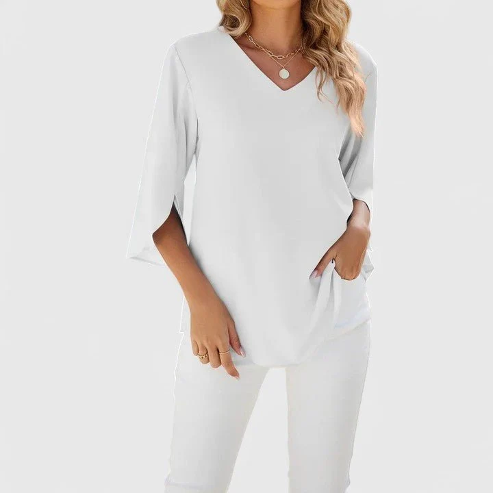 Women's Chiffon Blouse Ruffle V-Neck Half-Sleeve Style