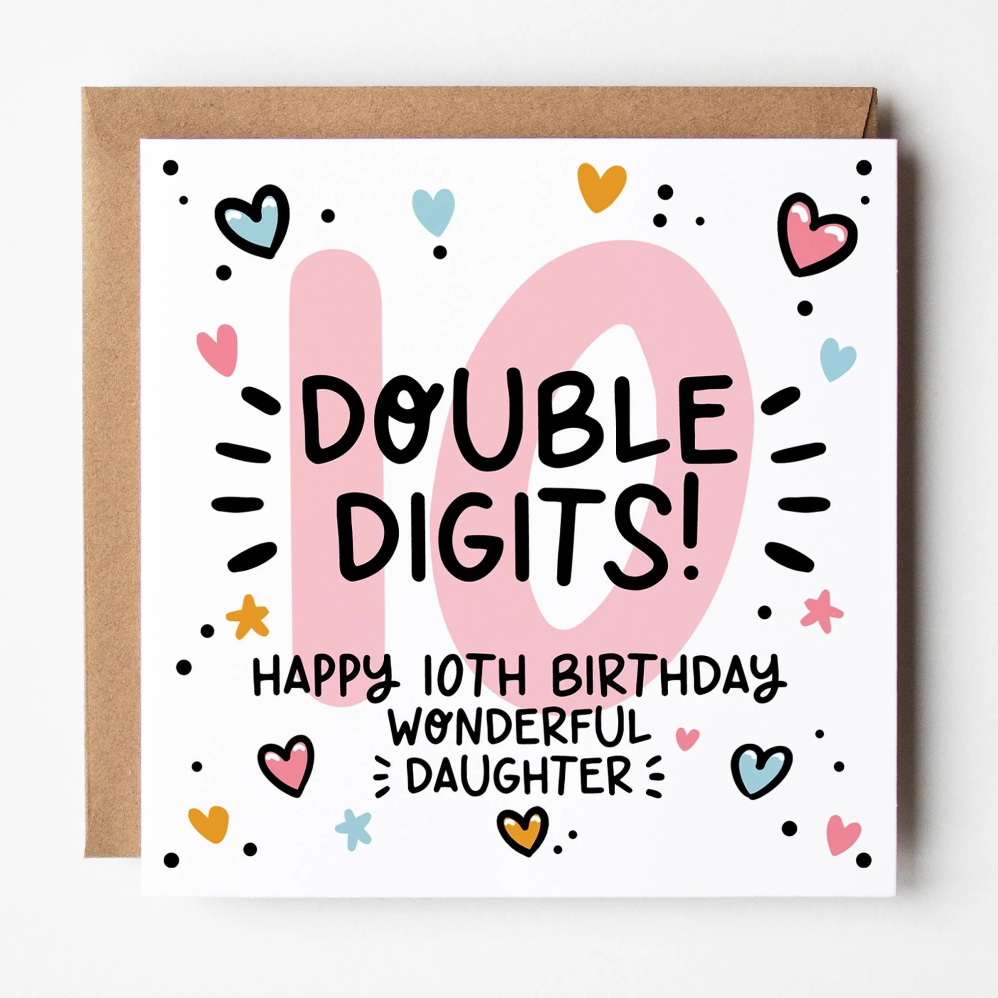 10th Birthday Card for Daughter: Pink 10, Double Digits with Hearts and Kraft Envelope