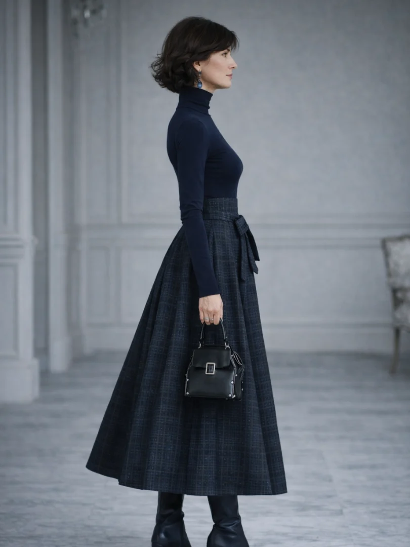 Women��s Knit Top and Plaid Maxi Skirt Set with Belted Waist