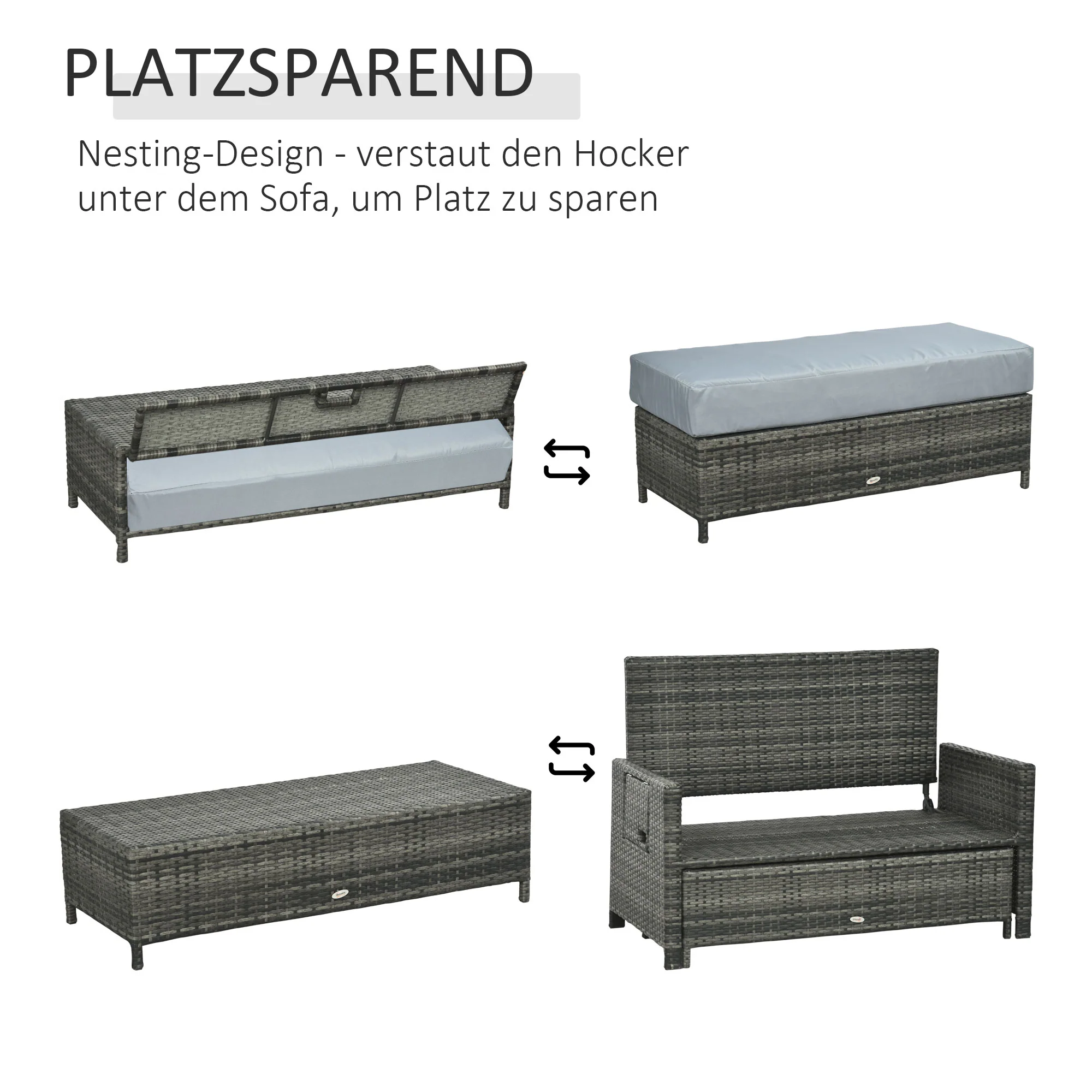 Outsunny Poly-rotan loungebank 2-zits set ligstoel kruk grijs